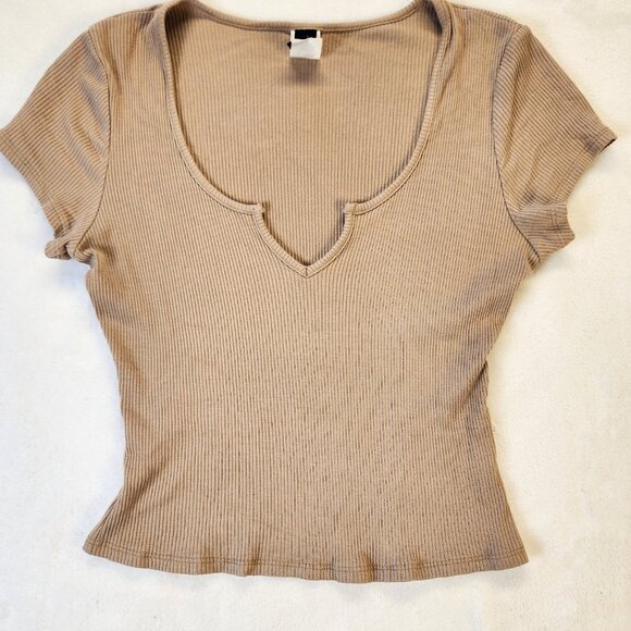 Windsor Tops - Windsor Womens XL Crop Top Tee Ribbed Stretch Cap T-Shirt Top Tan/Nude/Beige